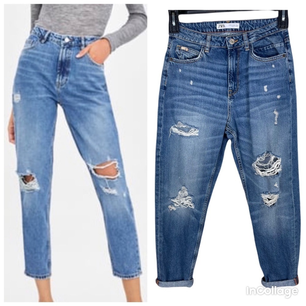 ✅ ZARA Highly Distressed MOM JEANS in medium dark wash size USA 00 EUR 32